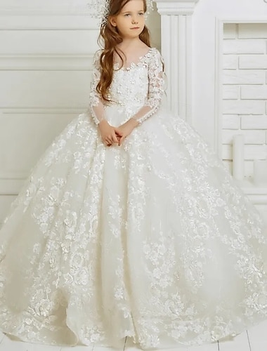  Kinderen Voor meisjes Bloemenmeisjesjurk Jurk Eerste Communie Jurk Effen Kleur Lange mouw Formeel Prestatie Bruiloft Netstof Elegant Prinses Netstof Kant Volledige lengte Schede jurk Tule-jurk Zomer