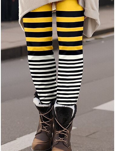  Kvinnors Leggings Byxor Mode Streetwear Hela Längd Hög Midja Randig Utskrift Termisk Varm Andningsbar Mjuk Mikroelastisk Utomhus Daglig Gul Höst Vinter Regelbunden Passform