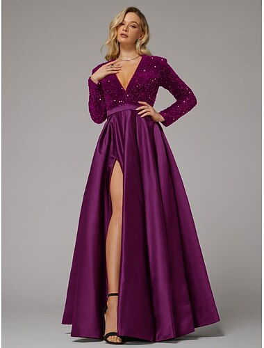  Ballkleid Abendkleid elegantes Kleid Hochzeitsgast Geburtstag bodenlang Langarm V-Ausschnitt Tasche Satin mit Paillettentasche 2025