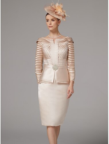  Sheath Jurk Kostuum Moeder van de Bruid Jurk Elegante Vintage Plus Size Bateau Hals Knie Lengte Satijn 3/4 Lengte Mouw Thee Lengte met Sjerp  Rimpel Kristallen Derby Jurk Race Dag Jurk 2025