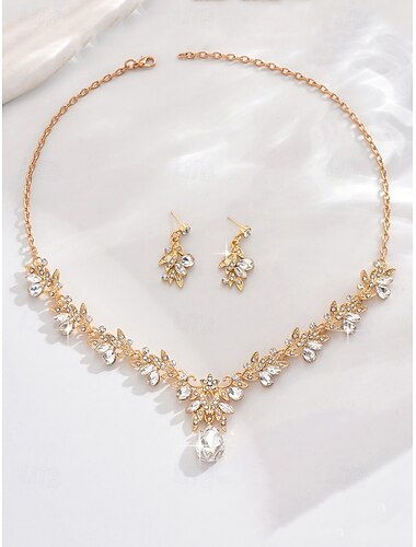  Elegantes Kristall-Halsketten- und Ohrring-Set für Damen – funkelndes Tropfen- und Blätterdesign für Hochzeiten und formelle Anlässe