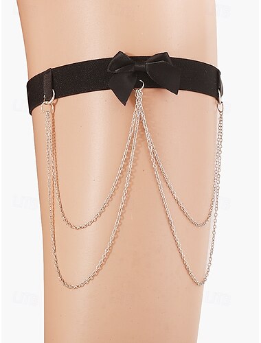  Women's Black Bow Thigh Chain Harness – Sexy Elastic Garter Belt with Silver Chain Accents, Ideal for Lingerie and Festival Outfits