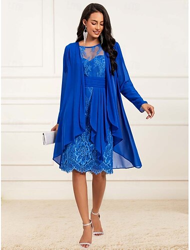  Damen Hochzeitsgastkleid Spitzenkleid Cocktailkleider Abendkleider gerüscht Langarm Cocktailparty blau Frühling Sommer Herbst