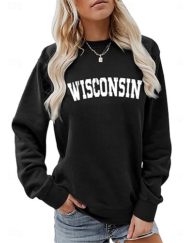  Sweatshirt für Damen, lässig, Buchstaben, Street, Alltag, Rundhalsausschnitt, Druck, langärmelig, Schwarz, Weinrot, Khaki, Herbst, Winter
