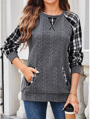  Damen Designer Sweatshirt Pullover lässig kariert Farbblock schlicht lässig Kapuzenpullover Patchwork Tasche Langarm grau Herbst Winter