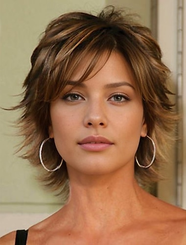  perruque inspirée de lisa rinna perruque asymétrique bouclée courte cheveux synthétiques bruns design à la mode pour femmes brun naturel doux