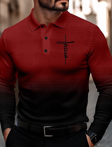  Herren Kreuz Jesus Waffel-Poloshirts Golfshirt Langarm Polo-Shirts Hemden mit Kragen Lässig Business-Casual Alltagskleidung Geschäft Büro-Outfit Knöpfe 3D-Druck Frühling Herbst Winter Rote Blau Purpur