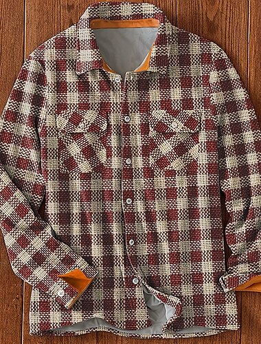  Herren Plaid Fleece-Shirt Hemdjacke Overshirt Langarm Vintage Brautkleider schlicht Outdoor Strasse Freizeitskleidung Herbst Winter Umlegekragen Hemden mit Kragen Knopf 3D-Druck 2 Taschen Dunkelbraun