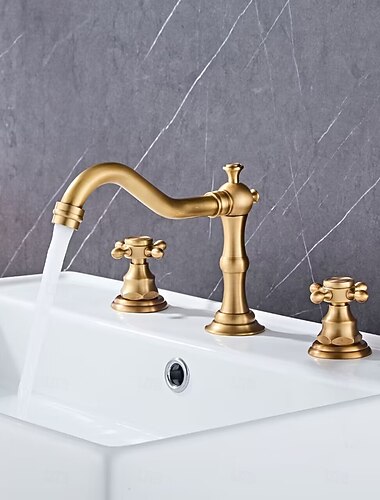  冷水と温水のスイッチ付き真鍮製バスルーム用蛇口、ブラシ仕上げ、アンティーク銅製、2つのハンドル、広範囲のバスルームシンク用蛇口