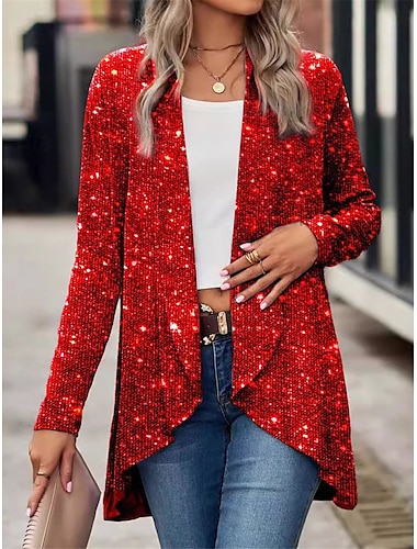  Mujer Chaqueta casual Exterior Calle Ropa Cotidiana Otoño Invierno Regular Abrigo Ajuste regular Mantiene abrigado Transpirable Elegante Casual Chaquetas Manga Larga Plano Lentejuelas Plata Negro Rojo
