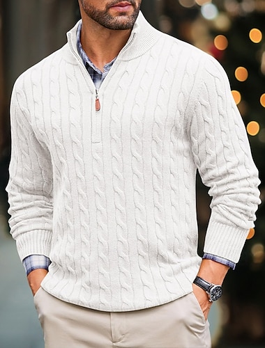  Herren Pullover Gedrehtes Stricken Standard Strick Schmaler Schnitt Glatt Viertel Postleitzahl Moderne zeitgenössische Arbeit Freizeitskleidung Bekleidung Winter Frühling & Herbst Schwarz Weiß M L XL