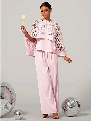  Zweiteiliges Set für Damen, Cape-Oberteil, Cutouts, hohe Taille, weite Hose, hellrosa, elegantes Party-Outfit für formelle Anlässe, Frühlings-/Sommer-Outfit, S, M, L, XL, XXL
