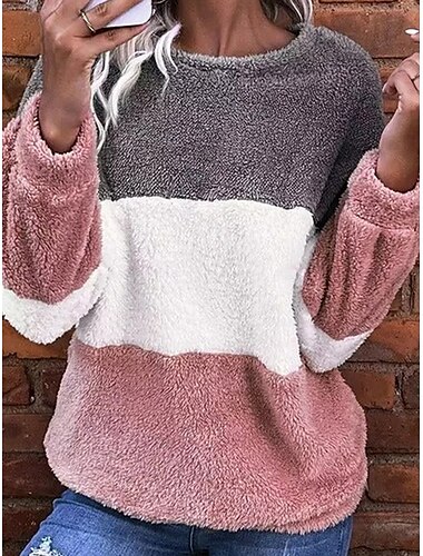  Damen Sweatshirt Casual Farbblock Street Alltagskleidung Rundhals Patchwork Langarm Rosa Herbst Winter