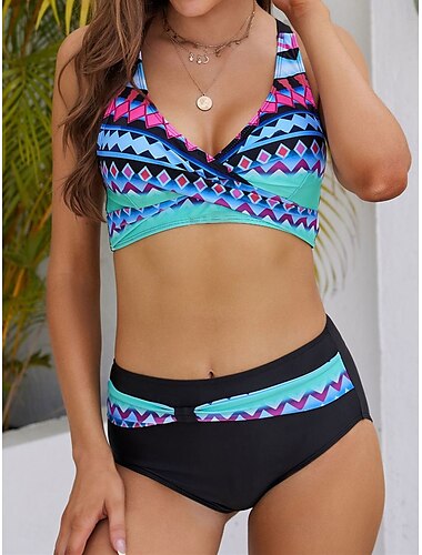  Damen Badeanzug Bikinis 2 Stück Unterhosen Bademode Rückenfrei Schlank Urlaub Strandbekleidung Geometrisch Halfterhals Ärmellos Badeanzüge
