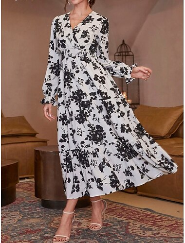  Damen Maxidress Casual kleid Schaukelkleid A Linie Kleid Brautkleider schlicht Täglich Regular Fit Blumen Langarm V Ausschnitt Weiß Rote Sommer Frühling Herbst