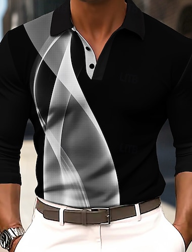  Herr Randig Våffelpikétröjor Långärmad Polotröjor Krage Business Casual Formell Utomhus Semester Vardag Knappar 3D-utskrift Vår Höst Vinter Svart Gul Rubinrött