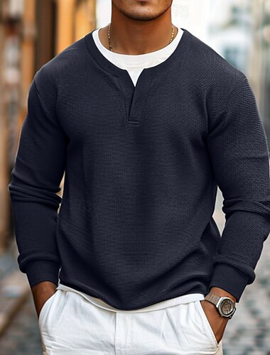  Herren Waffel T-Shirt Pullover Sweatshirt T-Shirt Langarmshirt Langarm Rundhalsausschnitt V Ausschnitt Frühling & Herbst Einfach Mode Designer Basic Mode Falscher Zweiteiler Urlaub Straße Ausgehen