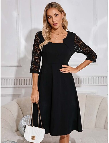  Dames Zwarte jurk Halflange jurk Kant Elegant Vierkante hals Lange mouw Zwart Kleur