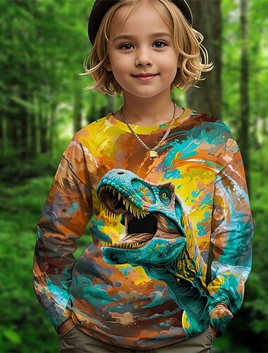  Girls' 3D Graphic Animal Dinosaur T shirt Tee Long Sleeve Spring Fall Fashion Basic Kids 4-12 Years Crew Neck Outdoor Casual Daily Regular Fit