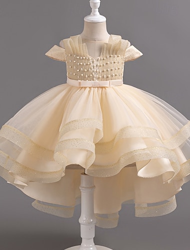  Kids Girls' Party Dress Solid Color Short Sleeve Wedding Special Occasion Ruched Mesh Zipper Adorable Sweet Polyester Asymmetrical Party Dress Summer Spring Fall 4-13 Years White Champagne Pink