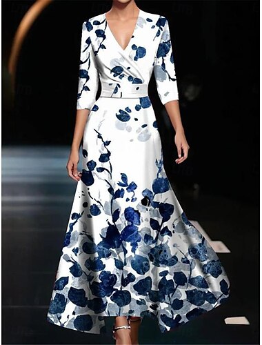  Damen Maxikleid Freizeitkleid Schwingkleid A Linie Kleid Lässig Täglich Normale Passform Blumen Dreiviertelarm V Ausschnitt Weiß Champagner Rote Frühling Herbst