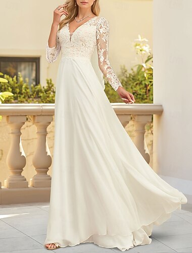  robes de mariée mariage de plage A-ligne col en V manches longues longueur au sol robes de mariée en mousseline de soie avec plis 2025