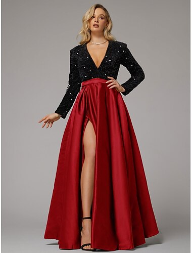  Ballkleid Abendkleid elegantes Kleid Hochzeitsgast Geburtstag bodenlang Langarm V-Ausschnitt Tasche Satin mit Paillettentasche 2025