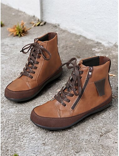  Botines marrones con cordones y cremallera lateral para mujer: diseño informal de piel sintética, suela cómoda, perfectos para usar todos los días en otoño e invierno.