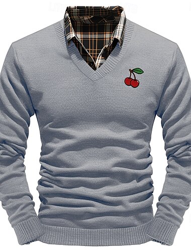  Navidad Hombre Cerezo Suéter de punto Escote en Pico Casual Exterior Diario Suéter de Nochevieja Bordado Tejido en Punto Cálido Manga Larga Otoño Invierno Vino Negro Blanco