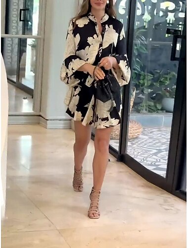  rochie mini cu guler cu flori de dama cu maneca lunga vara primavara