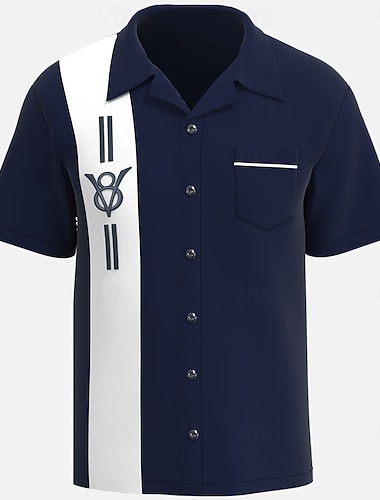  Miesten Kirjain ja numero Keilailupaita Button Up paita Lyhythihainen Urheilullinen Vapaa-aika Matkailu Kesä Sänkyjen avaus Tasku Laivaston sininen