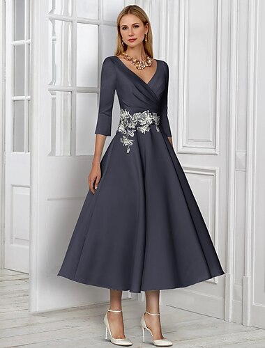  Marinegrüne A-Linie Kleid Mutter der Braut Kleid Elegant Einfach V-Ausschnitt Knöchellang Satin 3/4 Länge Ärmel mit Spitze Rüschungen Pailletten Derby Kleid Renntag Kleid 2025