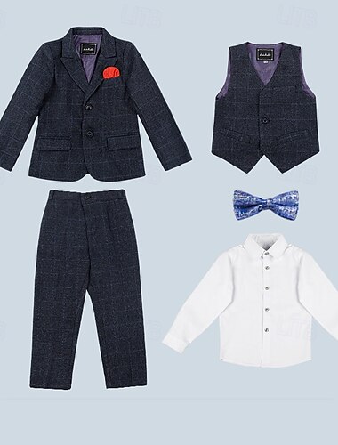  3/4/5 Stück Ring-Träger Anzug Jungen kinderkleidung Anzug Formeller Anzug Blazer & Weste & Hosen Formal Party Valentinstag Modisch Cool Plaid Tasche Marineblau Polyester