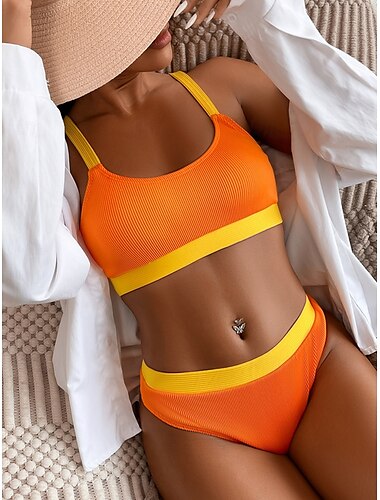  Femme Maillots de Bain Bikinis 2 pièces Slip Brésilien Maillot de bain Dos Nu Mince Vacances Tenues de plage Couleur unie Col en U Sans Manches Maillots de bain