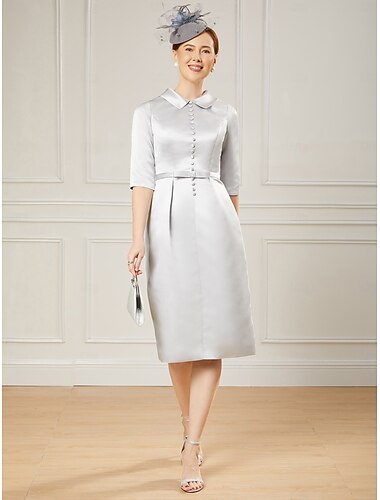  Etuikleid  Säulen Mutter der Braut Kleid Elegant Minimalistisch Hemdkragen Knielang Tee-Länge Stretchsatin Halbe Ärmel mit Schleife  Band Derby Kleid Renntag Kleid 2025