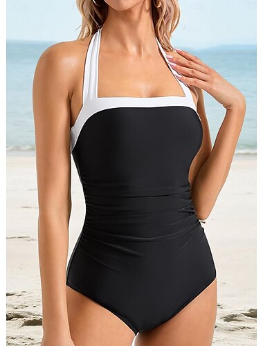  Damen Badeanzug Ein Stück Monokini Bademode Rückenfrei Bauchkontrolle Schlank Urlaub Strandbekleidung Feste Farbe Farbblock Halfterhals Ärmellos Badeanzüge
