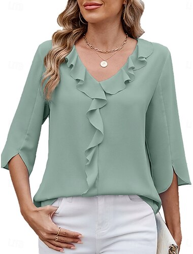  Women's Shirt Blouse Solid Color Basic Casual 3/4 Length Sleeve V Neck Regular Tops Daily Ruffle Patchwork Sky Blue Fuchsia Green Summer Spring