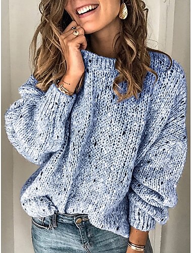  Damen Pullover Brautkleider schlicht Weich Einfarbig Gerippt Rundhalsausschnitt Strick Langarm Normale Oberteile Stricken Outdoor Täglich Wochenende Blau Hellgrau Herbst Winter