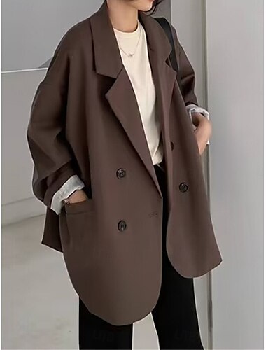  Mujer chaqueta Transpirable Cómodo Retazos Bolsillo Diario Moderno Color sólido Trabajo Casual Diario Regular Cuello Vuelto Ajuste regular Manga Larga Ropa de calle Negro Marfil Marrón Otoño Invierno