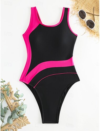  Women's Swimwear One Piece Monokini Swimsuit Backless Tummy Control High Waist Slim Vacation Beach Wear Color Block Round Neck Sleeveless Bathing Suits