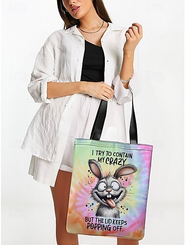  lustige Tragetasche mit Kaninchen-Print und Batik-Design, lässige wiederverwendbare Schultertasche für Damen, ideal zum Einkaufen und für den täglichen Gebrauch Regenbogen