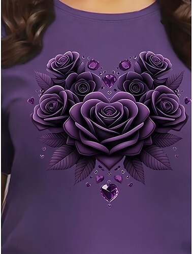  バレンタイン女性用Tシャツ 可愛いローズ レギュラートップス 短袖 ラウンドネック プリント レギュラーフィット デイリー ワイン紫 夏