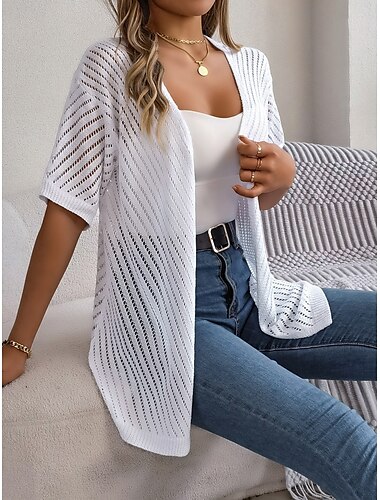  Mujer Pulóveres Cárdigan Casual Suave Color puro Estriado Frente Abierto De Punto Mangas cortas Tops regulares Tejer Exterior Diario Fin de semana Blanco Caqui Verano