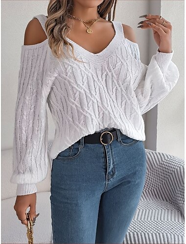  Damen Pullover Brautkleider schlicht Weich Einfarbig Gerippt Gurt Strick Kalte Schulter Langarm Normale Oberteile Stricken Outdoor Täglich Wochenende Weiß Khaki Herbst Winter
