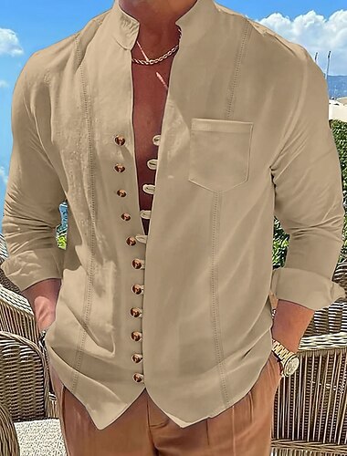 Voor heren Overhemd Linnen overhemd Guayabera-shirt Zomer overhemd Normaal shirt Overhemd met knopen Effen Vakantie Curise Zwart Wit Blozend Roze Khaki Lange mouw Band Kraag Zomer Lente & Herfst