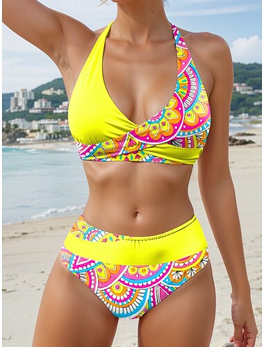  Damen Badeanzüge Bikini 2-teilig Cheeky Badeanzug Rückenfrei Urlaub Strandmode Blumen Grafik Halterhals Ärmellos Badeanzüge