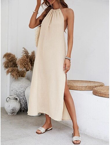  Dames Maxi-jurk Katoenmengeling Hemdjurk Zonnejurk Casual jurk Basic Casual Dagelijks Vakantie Normale pasvorm Effen Mouwloos Halternek Abrikoos Zomer