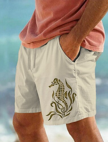  Herren Shorts mit Tiermotiv, Meer, Hippocampus, Sommershorts, Strandshorts, mittlere Taille, Streetwear, Hawaiianisch, Designer, Casual, Alltag, Urlaub, Kordelzug, elastische Taille, Designer-Kleidung