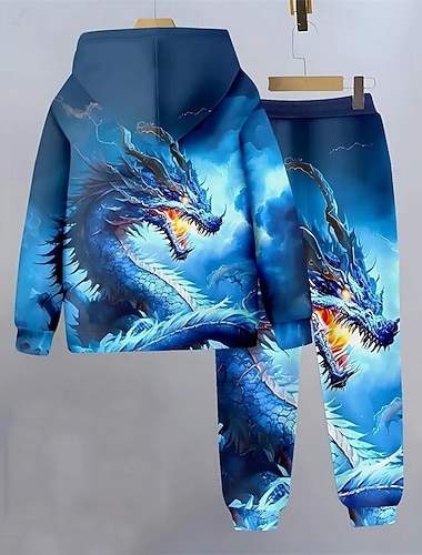  Pojkar 3D Grafisk Drake Huvtröja & träningsbyxor Set Sportdräkt Träningsoveraller Långärmad Vår Höst Dagligen Grundläggande Ledigt Barn 4-12 år Huva Utomhus Semester Sport Skräddarsydd passform