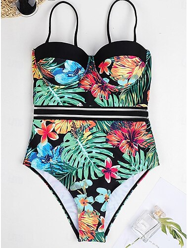  Damen Badeanzug Ein Stück Bademode Rückenfrei Zip Urlaub Tropisch Blumen Graphic Halfterhals Ärmellos Badeanzüge